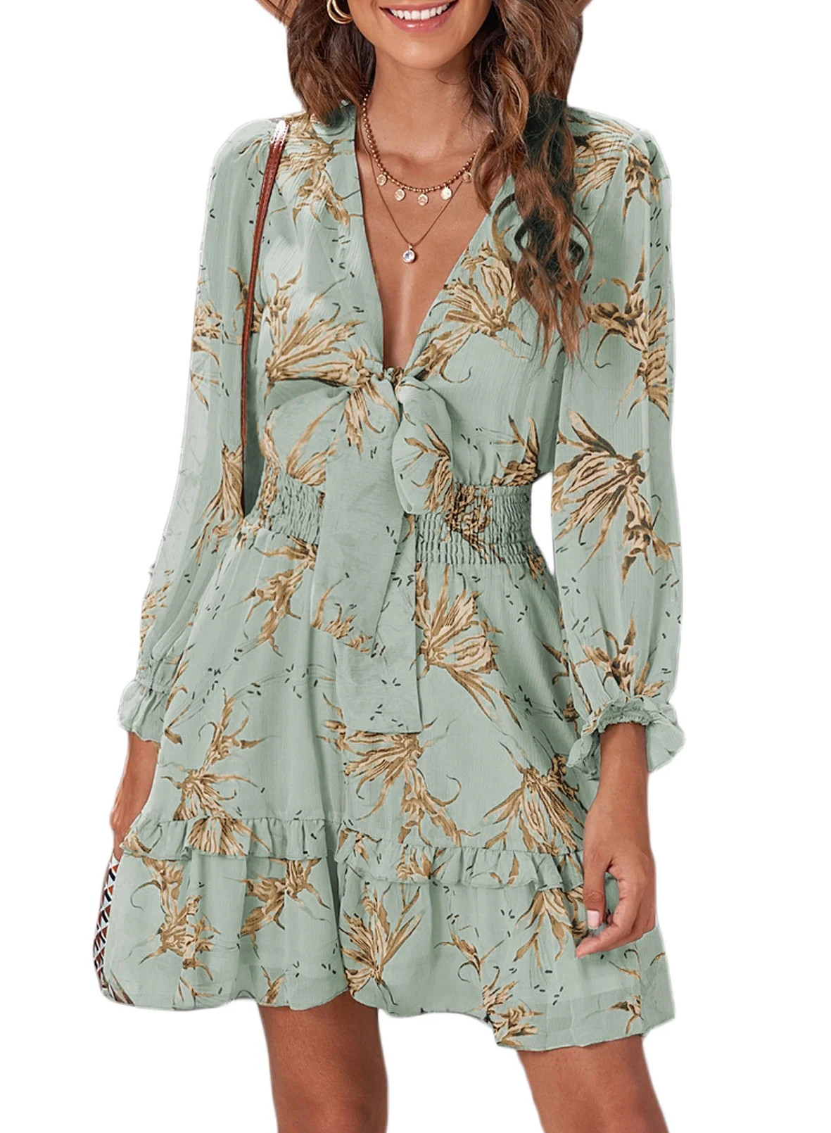 Dearlove Dresses for Women 2023 Knot Front Deep V Neck Ruffles Puff Sleeve Floral Print Babydoll ... | Walmart (US)