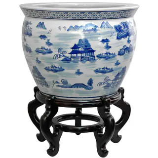 Handmade Oriental Home Porcelain 18-inch Blue and White Landscape Fishbowl (China) - 18.5"W x 18.... | Bed Bath & Beyond