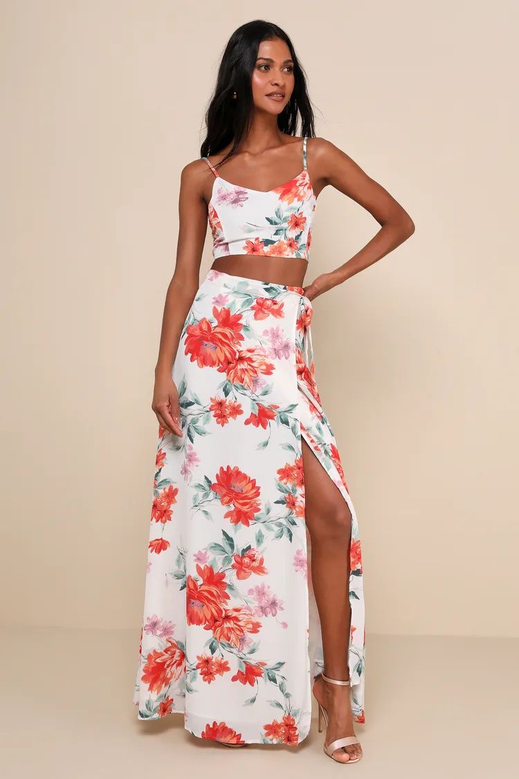 Bloom With a View White Floral Print Two-Piece Maxi Dress | Lulus