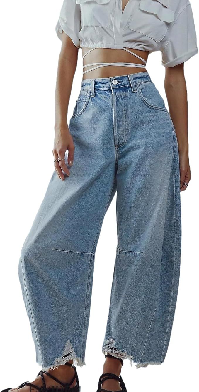 LifeShe Women's Baggy Wide Leg Barrel Jeans Casual Loose Boyfriend Raw Hem Denim Pants | Amazon (US)