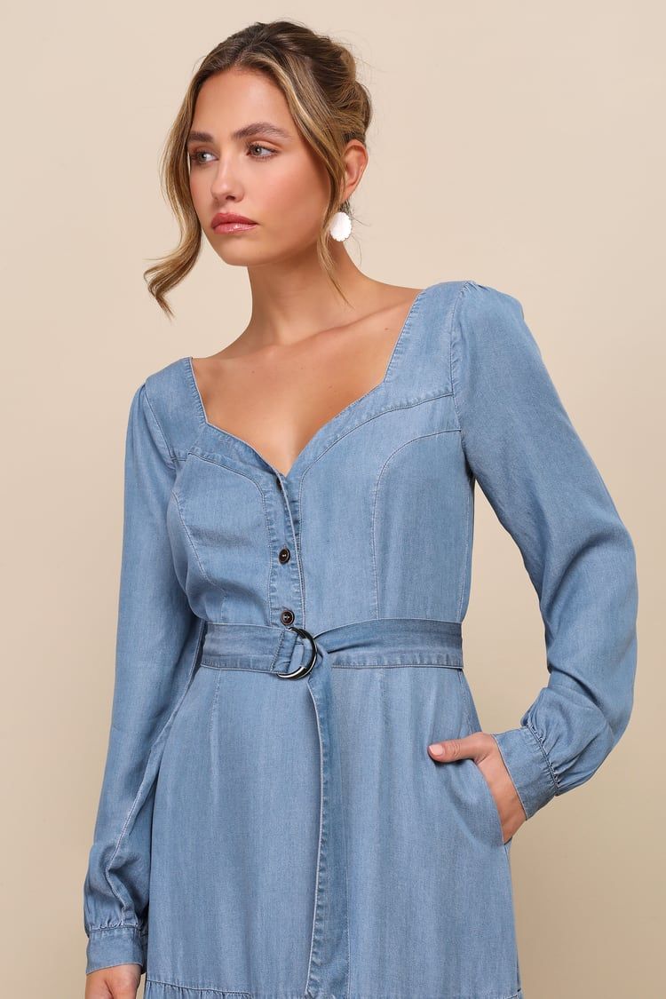 Prettiest Dear Blue Chambray Long Sleeve Midi Dress With Pockets | Lulus