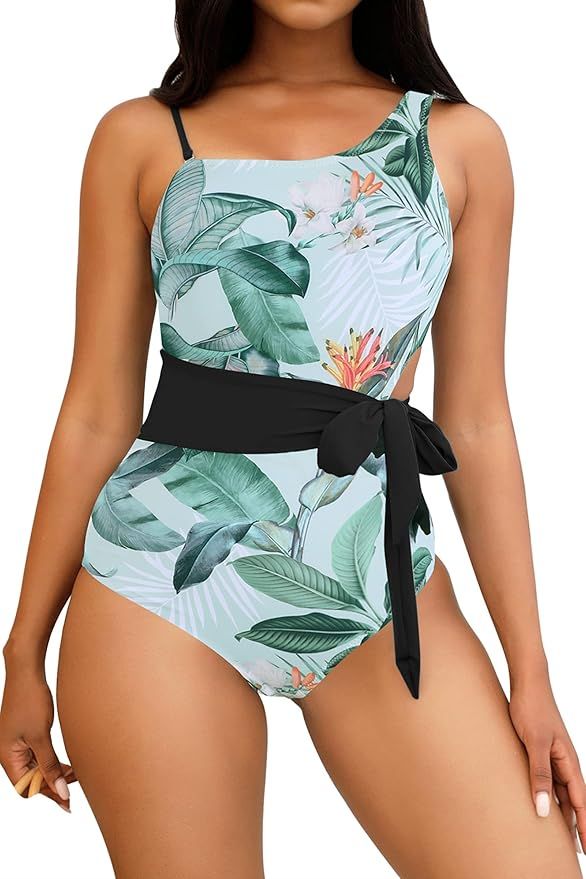 Womens One Piece Swimsuits Cutout Lace Up Padded Vintage Sexy High Cut One Shoulder Monokini Bath... | Amazon (US)