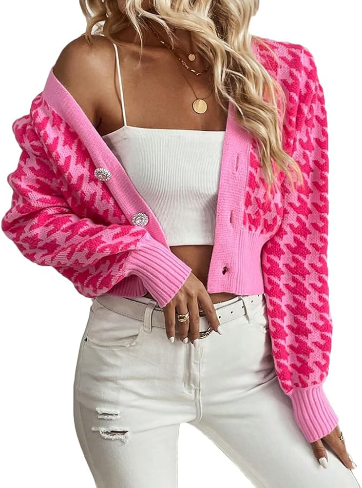 Women Houndstooth Print Button Down Crop Sweater Cardigan Lantern Sleeve V Neck Drop Shoulder Cas... | Amazon (US)