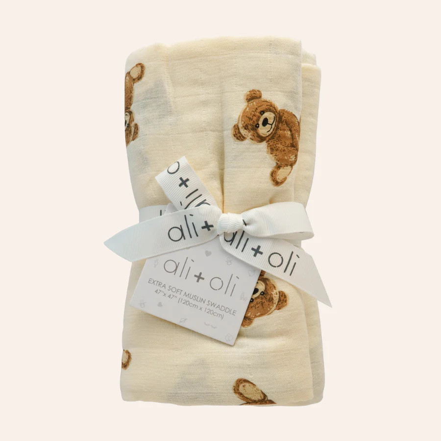 Bamboo Muslin Swaddle Baby Blanket (Teddy Bear) | Little Cottage Boutique