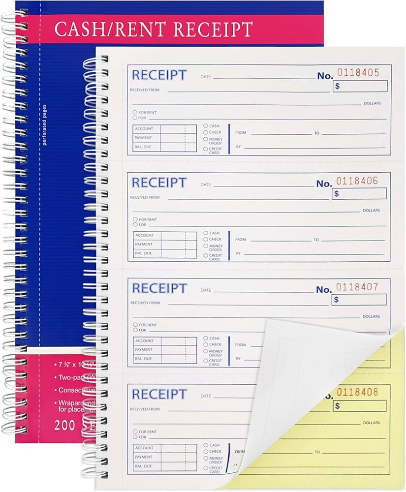 ZUFECY Spiral Money and Rent Receipt Book, 2-Part Carbonless (8.5"x11"), 100 Sheets, 4 Receipts p... | Amazon (US)