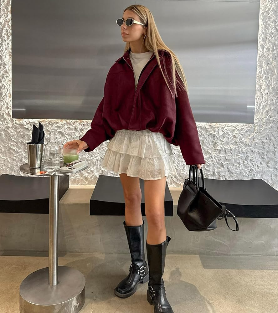 Womens Faux Suede Bomber Jacket Casual Lapel Pilot Cropped Coat Oversized Motorcycle Jackets 2025... | Amazon (US)