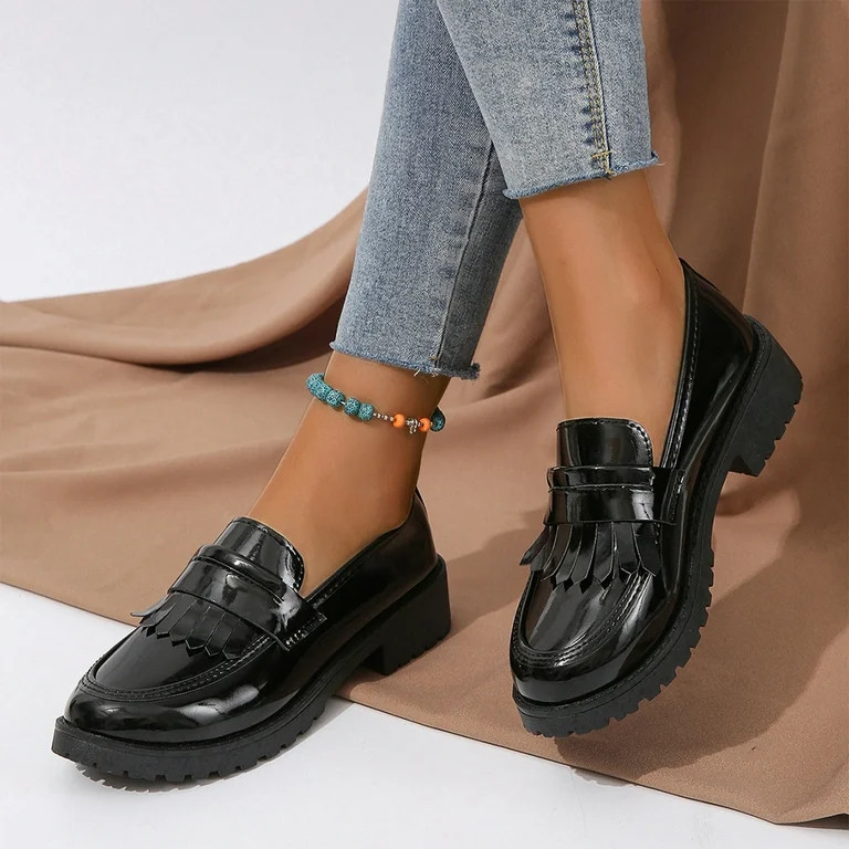 Hinvhai Fashion Classic Loafers for Women Clearance,Women's Chunky Platfor Black Patent Leather C... | Walmart (US)