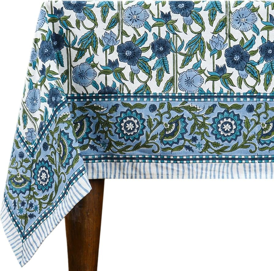 60x60 Inches Square Hand Block Printed Cotton Tablecloth, Blue Green Floral Table Cloths Washable... | Amazon (US)