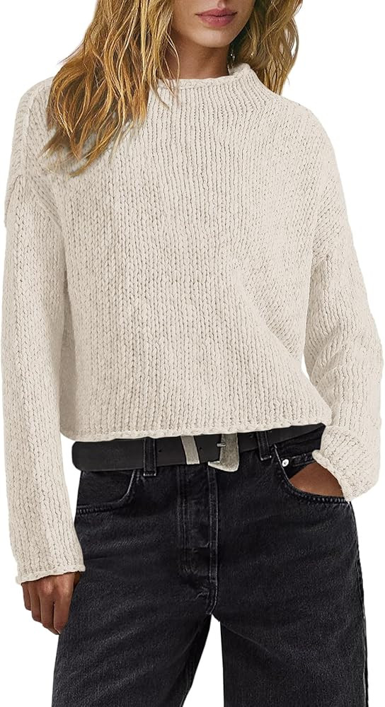 Panadila Womens Mock Neck Cropped Sweater Oversized Chunky Knit Pullover Sweaters Fall Long Sleev... | Amazon (US)