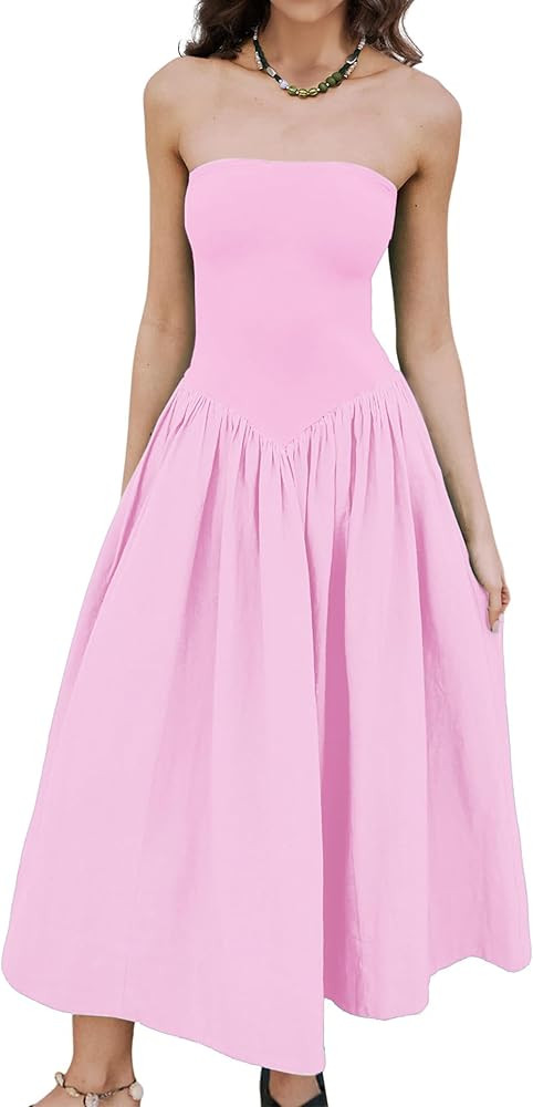 Livtany Vestido midi con hombros descubiertos para mujer, sin tirantes, sin mangas, con cintura c... | Amazon (US)