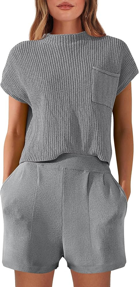 Prinbara Women's Two Piece Outfits Summer Sweater Short Sets Knit Pullover Tops and Shorts Tracks... | Amazon (US)