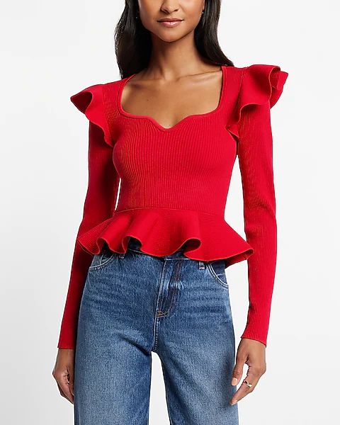 Ribbed Sweetheart Neckline Ruffle Peplum Sweater | Express