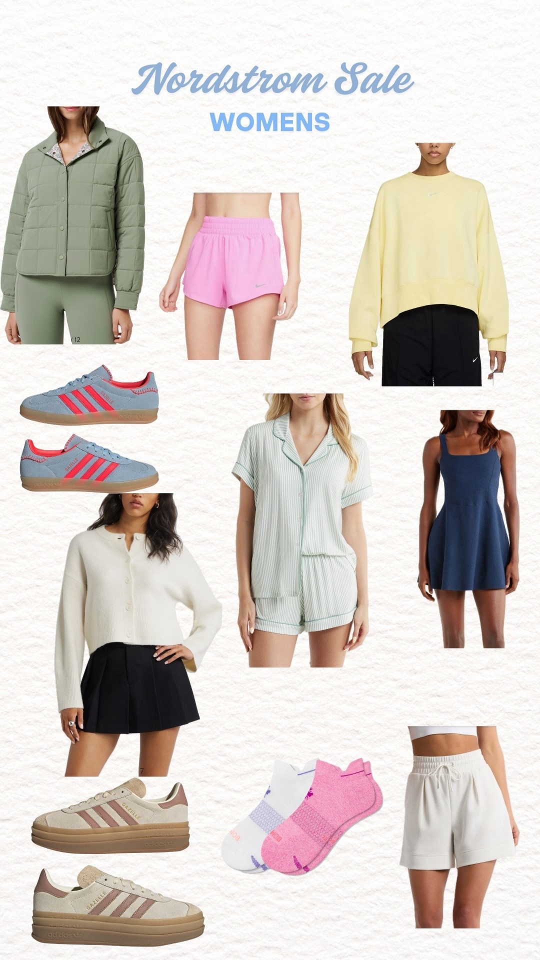 Nordstrom sale

Women’s clothing

Activewear
Adidas
Free people 
Nike shorts