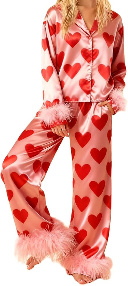 Muineobuka Women Silk Feather Trim Pajamas Y2K Heart Long Sleeve Button Down Shirt Pants 2 Piece ... | Amazon (US)
