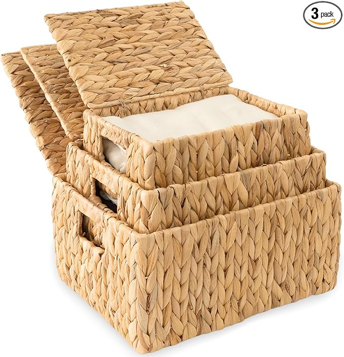 Wicker Storage Baskets with Lid, Set 3 Basket With Lid Decorative Storage Rectangle Wicker Storag... | Amazon (US)