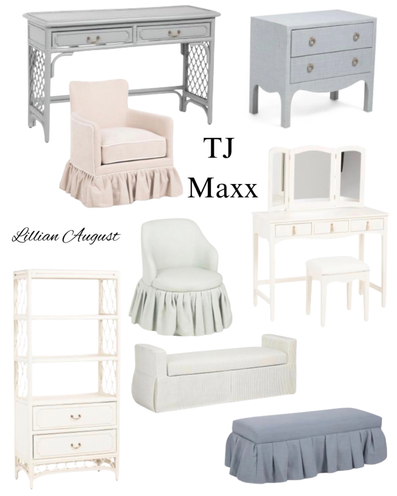 Lillian August furniture on sale at TJ Maxx, skirted chair, bench, vanity, shelf, desk, French, modern, coastal, living room, bedroom, office, blue, white, ivory, nightstand.

#LTKSaleAlert #LTKHome