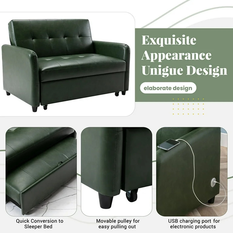 PU Leather Sleeper Sofa with Pull Out Bed, 51" Convertible Loveseat Couch Adjustable Tufted Overs... | Walmart (US)