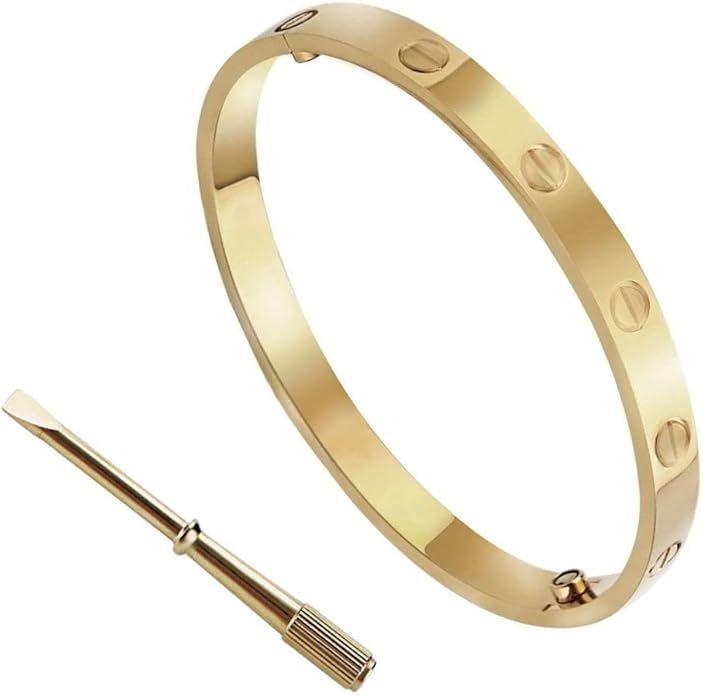 18K Gold Plated Bracelet for Women, Stainless Steel Couples Bracelets Cuff Bangle Wedding Jewelry... | Amazon (US)