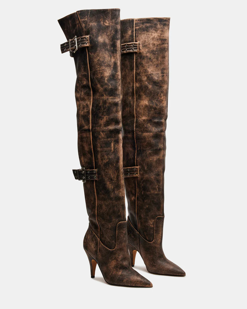 BADDIE Brown Distressed Over-The-Knee Moto Boot | Women's Boots | Steve Madden (US)