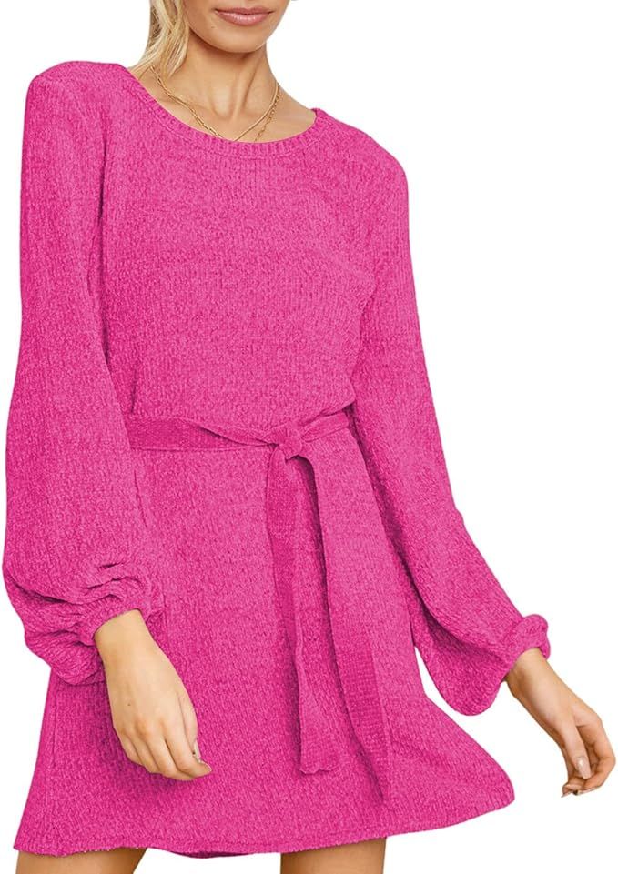 HAPCOPE Women's Chenille Sweater Dress Mock Neck Lantern Long Sleeve Dresses with Belt | Amazon (US)