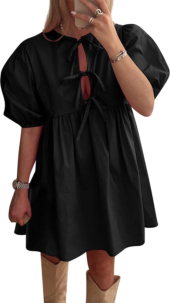 Women’s Cute Bow Tie Up Mini Dress Peplum Babydoll Blouse Shirt Dresses Y2k Summer Puff Sleeve ... | Amazon (US)