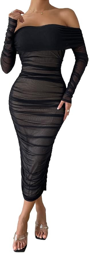 Pofash Women's One Shoulder Sleeveless Mesh Ruched Cocktail Club Party Midi Bodycon Dress | Amazon (US)