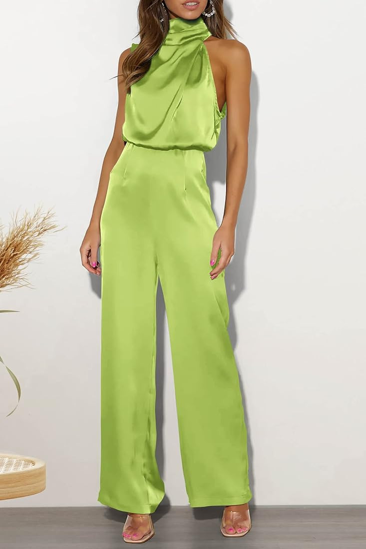 PRETTYGARDEN Women's Satin Jumpsuits 2023 Summer One Piece Outfits Mock Neck Sleeveless Wide Leg Pan | Amazon (US)