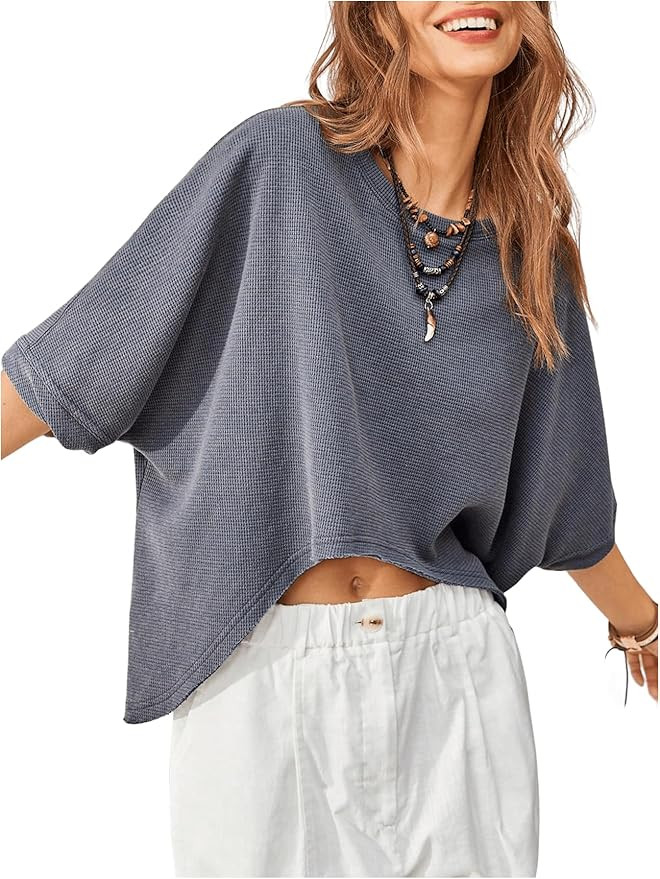 Floerns Women's Casual Drop Shoulder Half Sleeve Asymmetrical Hem Crop Tee Shirts | Amazon (US)