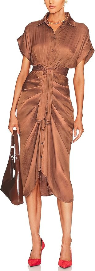 Uniexcosm Women's Elegant Satin Midi Dress 2023 Summer Button Down V Neck Ruched Cocktail Party D... | Amazon (US)