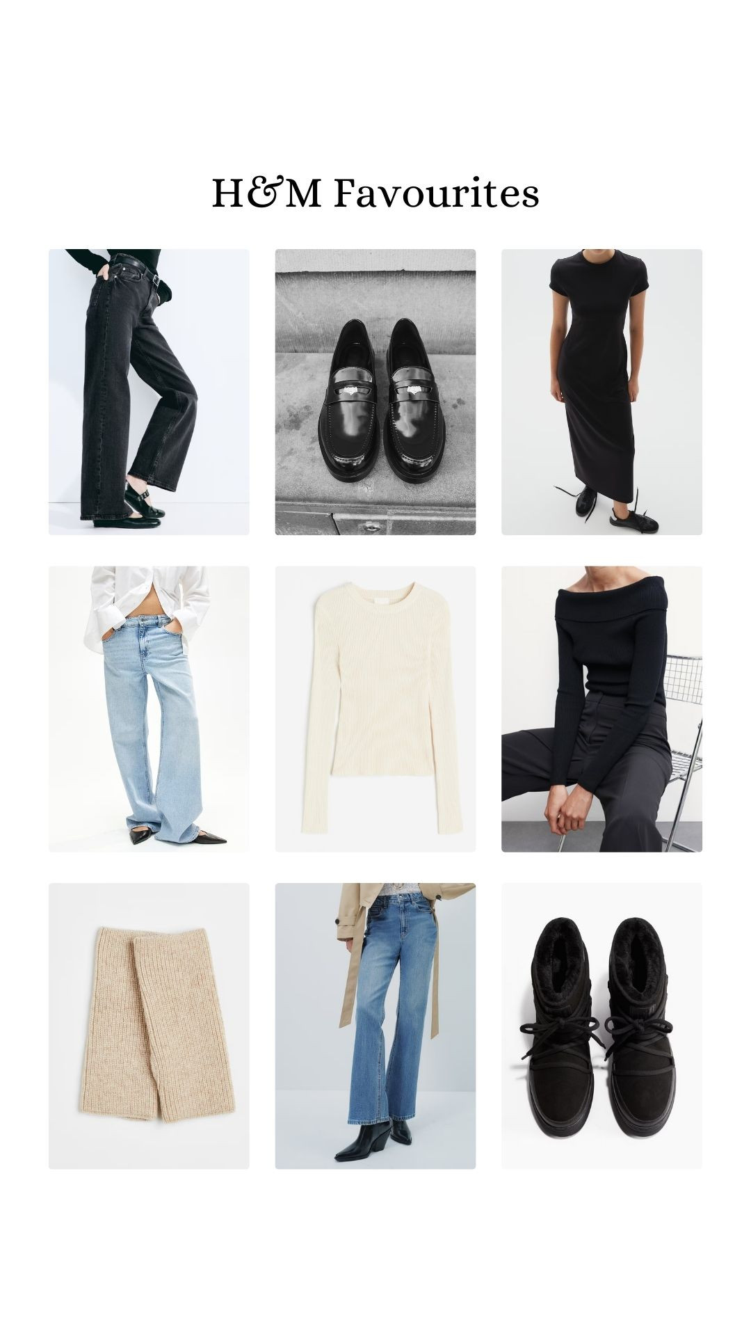 H&M faves 
Winter clothing / loafers / winter dress / denim / winter gloves / winter whites / bardot top  

 #LTKuk #LTKeurope #LTKwinter