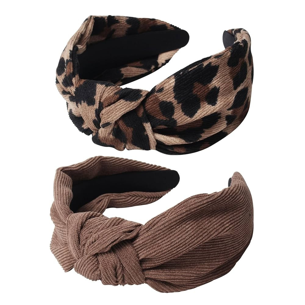 2PK Leopard Print Knotted Headbands for Women Cute Wide Top Knot Headband Fashion Corduroy Knot H... | Amazon (US)