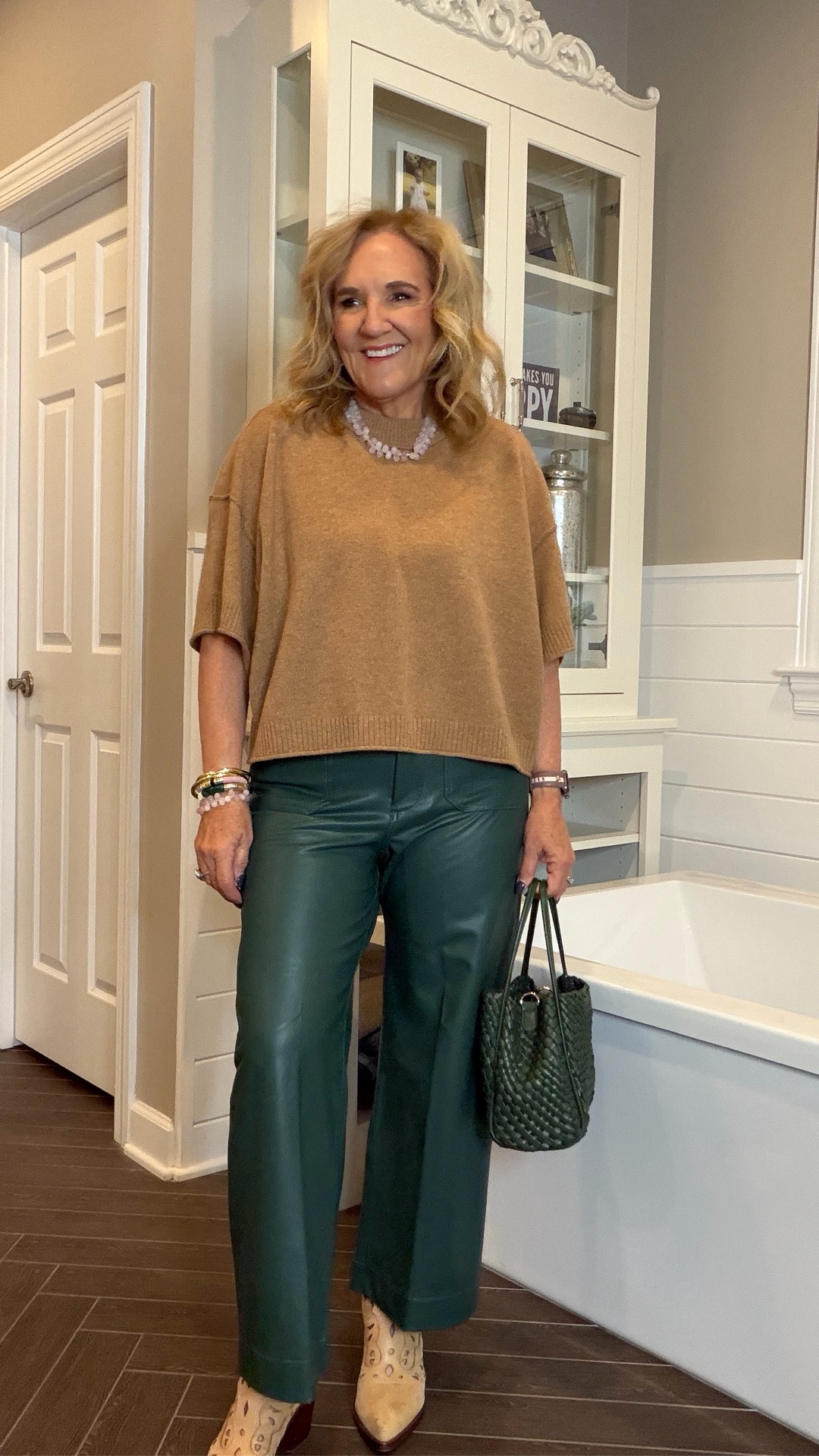 OOTD 
Faux leather Colette pants size 29 reg this color only comes in full length. Def get the petite if 5’3
Cashmere sweater size med 
Boots size up 1/2 
Love this cute tote. Come with 2 straps too
Jewelry 20% off code NANETTE20

#LTKPetite #LTKootd #LTKOver40