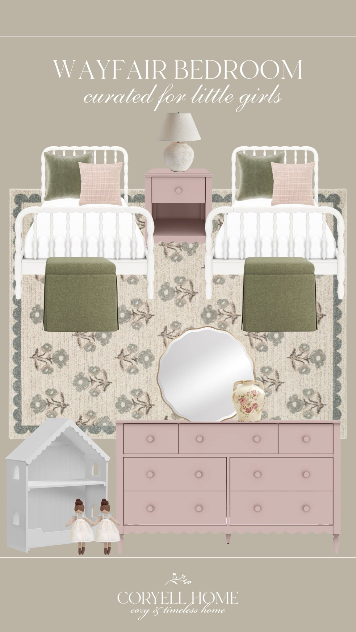 @Wayfair bedroom inspiration for little girls. ✨ I just love these blush pink and sage green hues together. Our girls’ room is one of my favorites in our home, and I had such fun coming up with this inspirational mood-board using their room as inspiration. Such a charming kids room! 🤍

#LTKHome #LTKKids