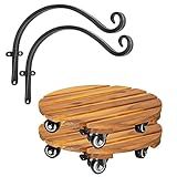 Idzo, Combo 2 Round Wood Plant Caddy with Wheels + 2 Heavy Duty Plant Hangers Outdoor, Sturdy Hangin | Amazon (US)