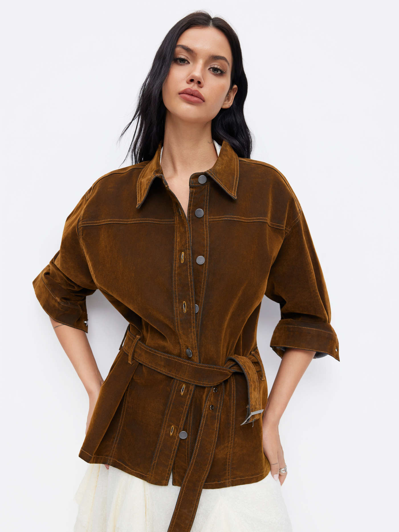 Denim Denim Collar Solid Button Oversized Jacket With Belt For Daily Casual | Cider