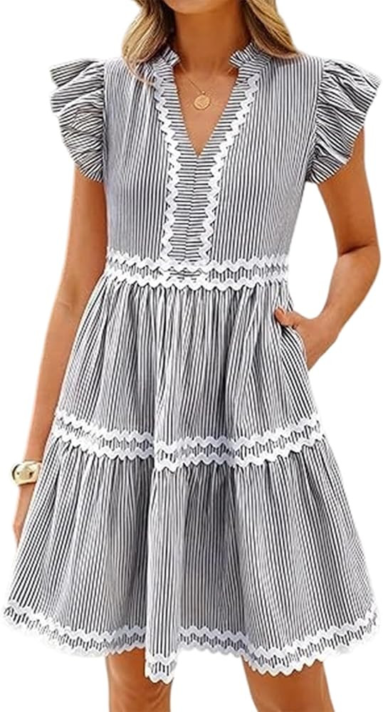Women Striped A Line Mini Dress Ruffle Sleeve RIC Rac Trim V Neck Casual Summer Dress with Pocket... | Amazon (US)