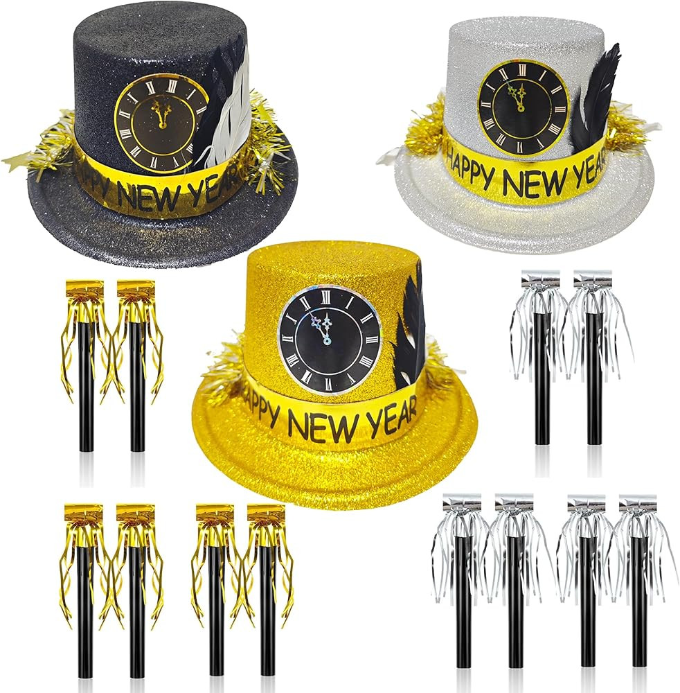 15 PCS New Year Eve Party Supplies - Glitter Top Hat with Black, Gold, Silver Blowouts Noise Make... | Amazon (US)