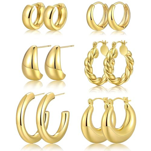 Chunky Gold Hoop Earrings for Women, 14K Gold Plated Lightweight Small Hoop Earrings Pack, Hypoallergenic Open Twisted Huggie Hoops Set Jewelry Gifts | Amazon (US)