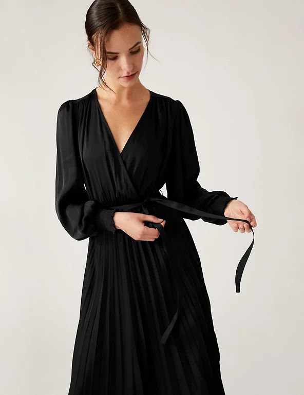 Satin V-Neck Pleated Midi Wrap Dress | M&S Collection | M&S | Marks & Spencer (UK)