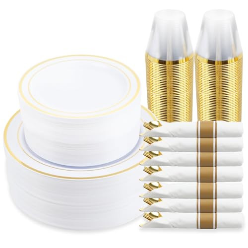 350 Piece Gold Dinnerware Set,100 Plastic Plates, 50 Cups,50 Pre Rolled Napkins with Plastic Silverware, Disposable Gold Dinnerware Set for 50 Guest | Amazon (US)