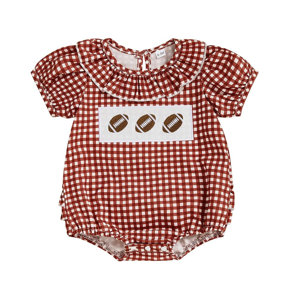 Kuriozud Newborn Baby Girl Football Outfit Smocked Ruffle Romper Short Sleeve Jumpsuit Cute Baby ... | Amazon (US)
