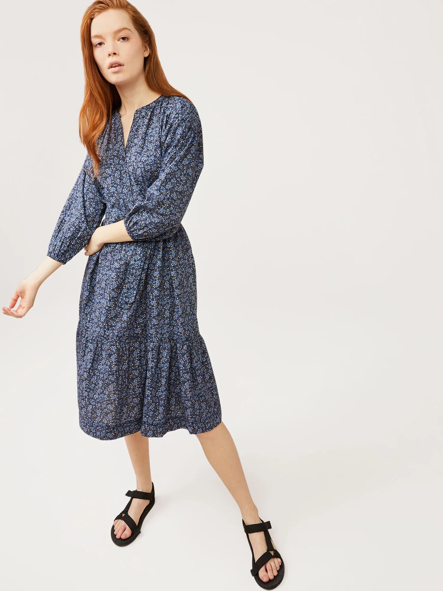 Free Assembly - Free Assembly Women’s Tiered A-Line Dress with 3/4-Length Sleeves - Walmart.com | Walmart (US)