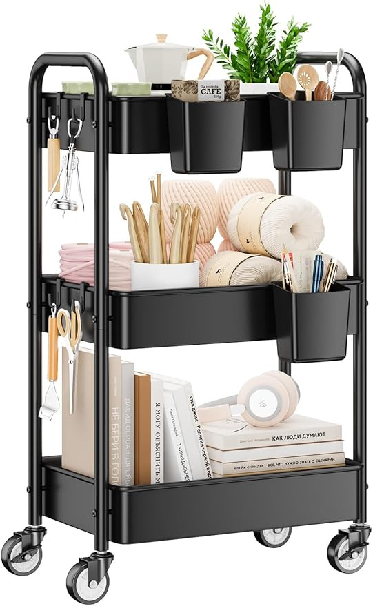 YASONIC 3 Tier Rolling Cart - Metal Utility Cart with Wheels, Hanging Cups, Hooks, Heavy Duty Mes... | Amazon (US)