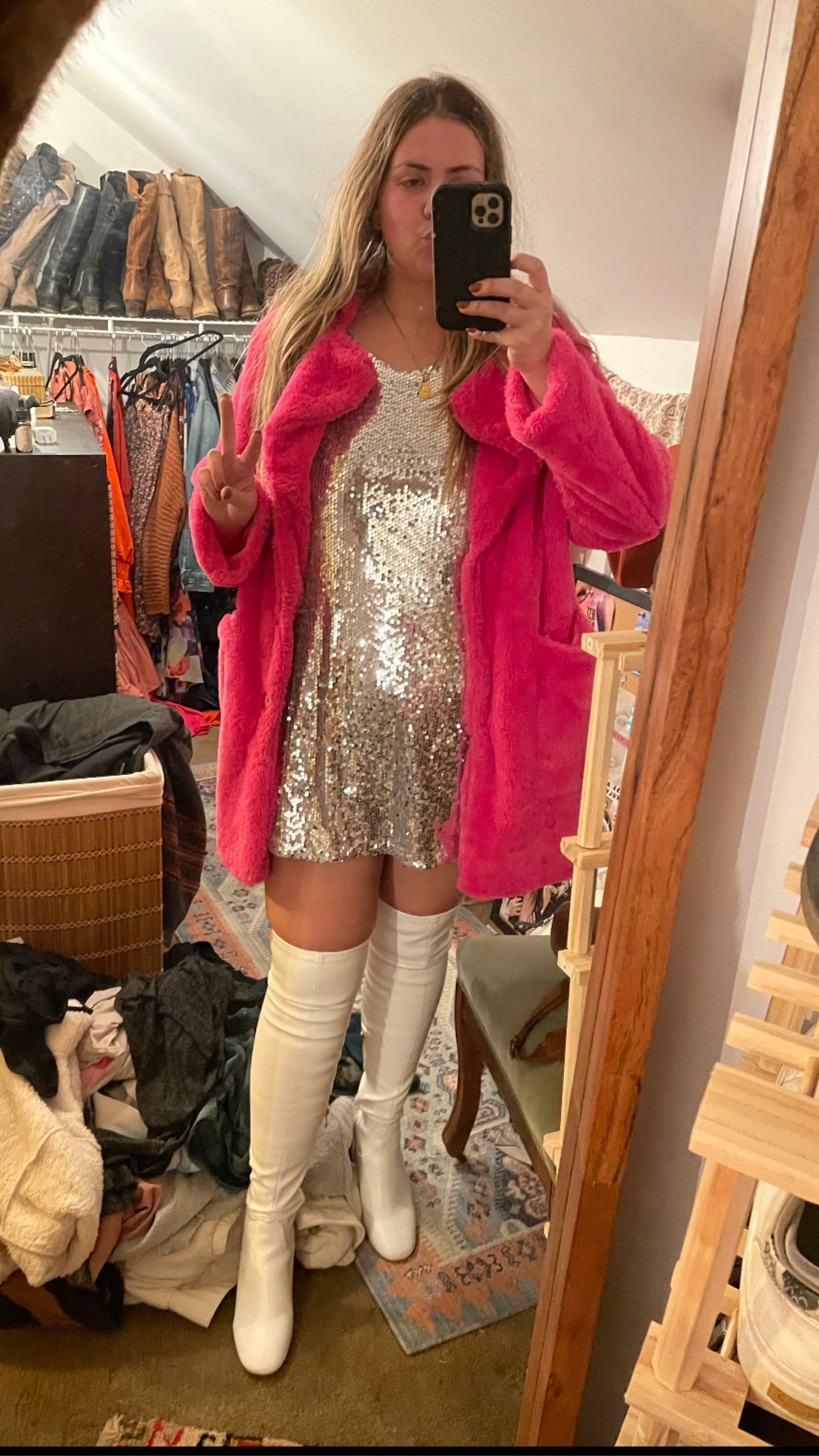 Disco Barbie - my dream come true 🪩💖✨ I threw a disco themed murder mystery party and this was my hot pink lewk, sourced entirely from Amazon. 

Imagine this for a bachelorette weekend!

Go go boots knee high pink faux fur sequin minidress 

#LTKshoecrush