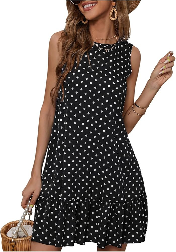 Women's Sleeveless Polka Dots Ruffle Tunic Dress Casual Summer Beach Tank Dresses Sundress | Amazon (US)