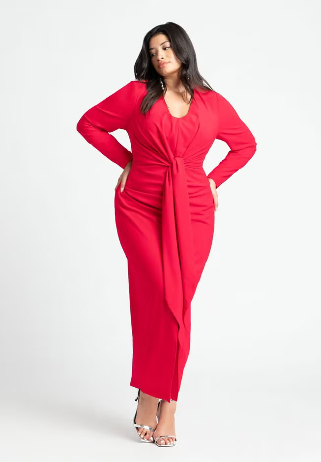 Shirred Strong Shoulder Tie Detail Dress | Eloquii