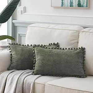 Fancy Homi 2 Pack Olive Green Lumbar Decorative Throw Pillow Covers 12x20 Inch with Pom-poms for ... | Amazon (US)