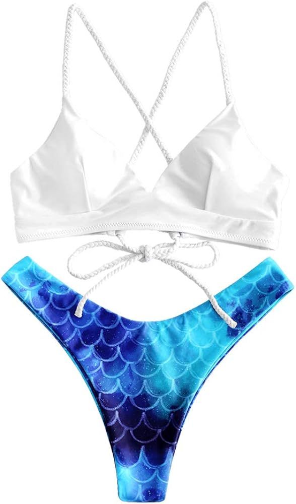 ZAFUL Women's Scale Print Lace-up Crisscross Bralette Bikini Set Swimsuit | Amazon (US)