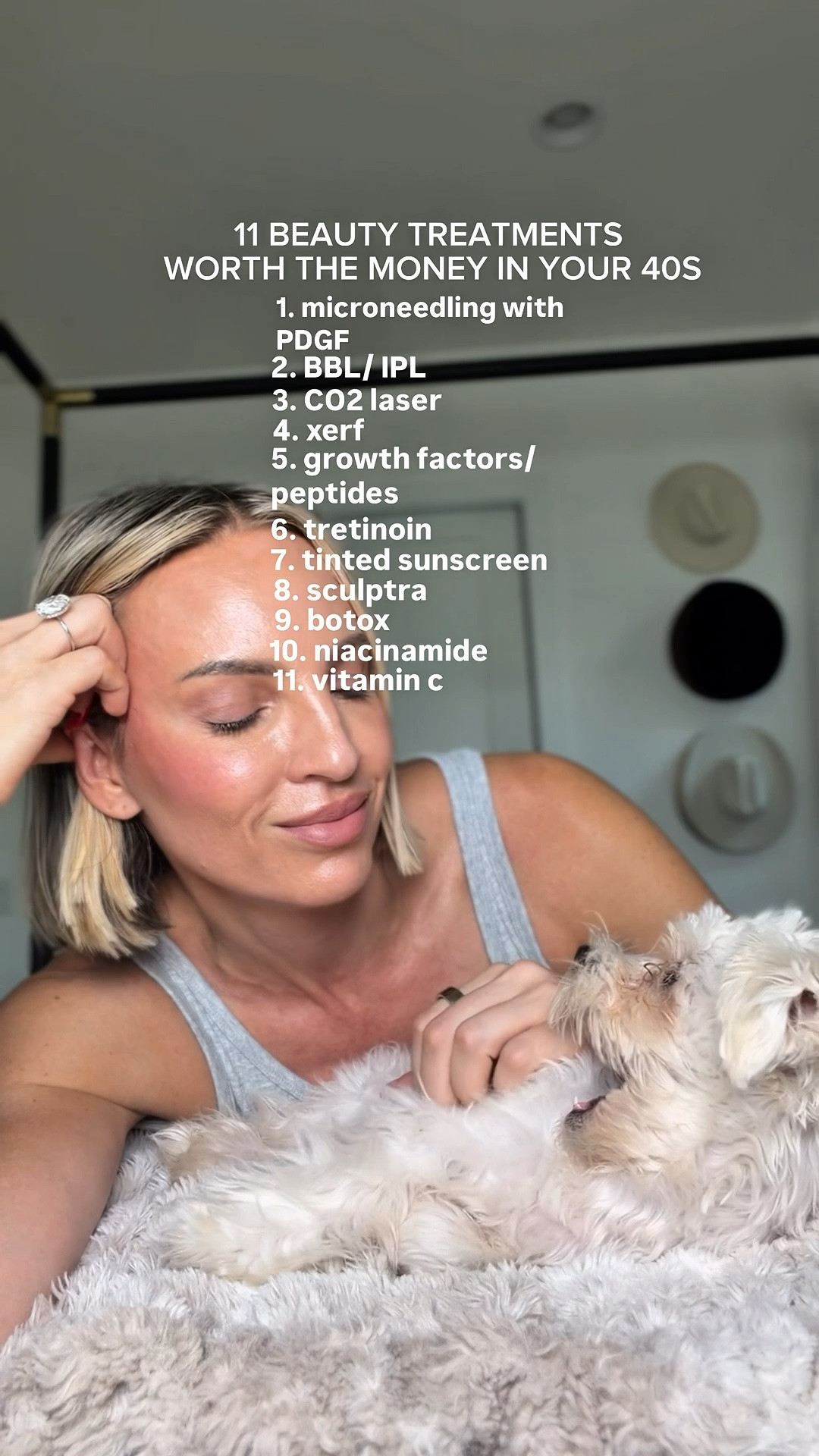 MY ANTI-AGING CHEAT SHEET

☀️ AM
* Vitamin C
* Niacinamide
* Growth Factors/Peptides
* Tinted SPF 50+

🌙 PM
 Night 1
* Tretinoin

Night 2
* Exfoliate (1–2x/week)
* Growth Factors/Copper Peptides

Night 3
* Barrier Repair (ceramides + hydration)

Repeat.

EVERY 3–4 MONTHS
💉 Botox

YEARLY
✨ CO2 Laser (texture & wrinkles)
✨ IPL/BBL (pigment & redness)
✨ Sculptra (collagen)

EVERY 4–6 WEEKS
✨ Microneedling + PDGF

AS NEEDED
✨ XERF (skin tightening)

WEEKLY
* Red Light Therapy (3–5x)
* At-home Microneedling (0.25 mm) every 6 weeks, space out accordingly from your in office microneedling ￼
* Dermaplaning 
* Collagen/Hydrating Mask
* Biologique Recherche Vivant Mask

#LTKstorytime #LTKOver40 #LTKBeauty