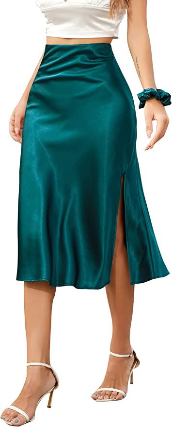 ALCEA ROSEA Womens Silky Satin Midi Skirt High Waist Elastic Waist A Line Skirt with Slit | Amazon (US)